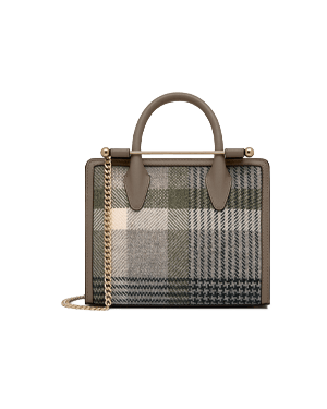 Tartan taupe mini tote bag with gold chain strap and leather handles