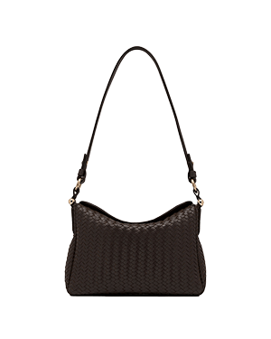 Chocolate woven leather shoulder bag with single strap and curved top