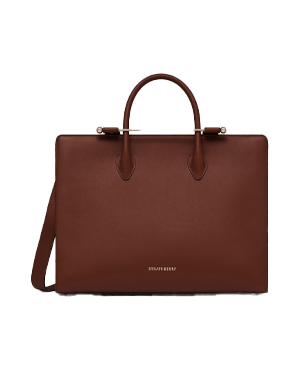 Walnut leather rectangular tote with top handles, detachable shoulder strap, gold hardware.