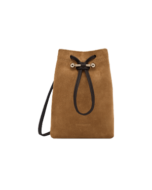 Toffee suede midi pouch with espresso drawstring loop and thin shoulder strap.