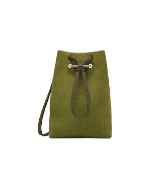 Lime suede and khaki midi pouch with drawstring closure and thin shoulder strap
