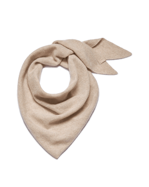 Oat cashmere bandana folded into a triangular shape with a tied end.