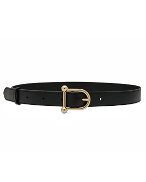 Black leather belt with gold D-shaped buckle and rounded end caps.