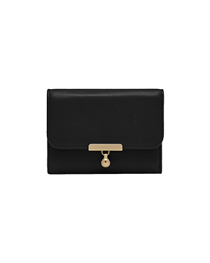 Smooth black leather trifold wallet with gold bar and drop clasp.
