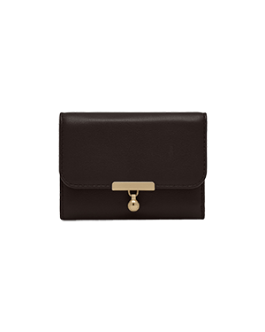 Espresso leather trifold wallet with gold clasp, front view on plain background.