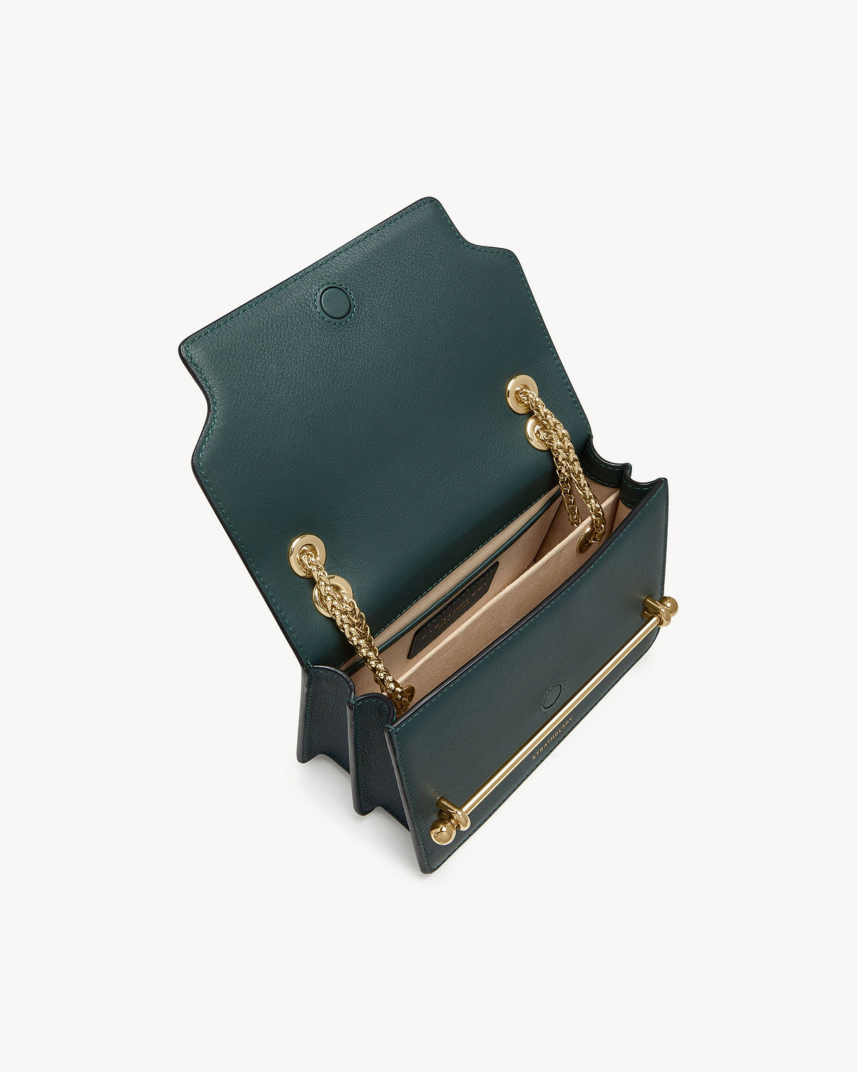 Bottle green East/West mini bag open, beige interior and gold chain strap.