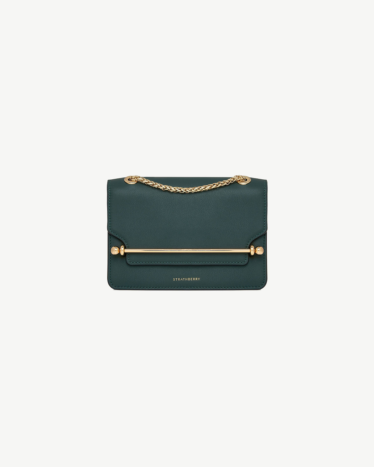 Strathberry bottle green East/West Mini bag with gold bar and chain