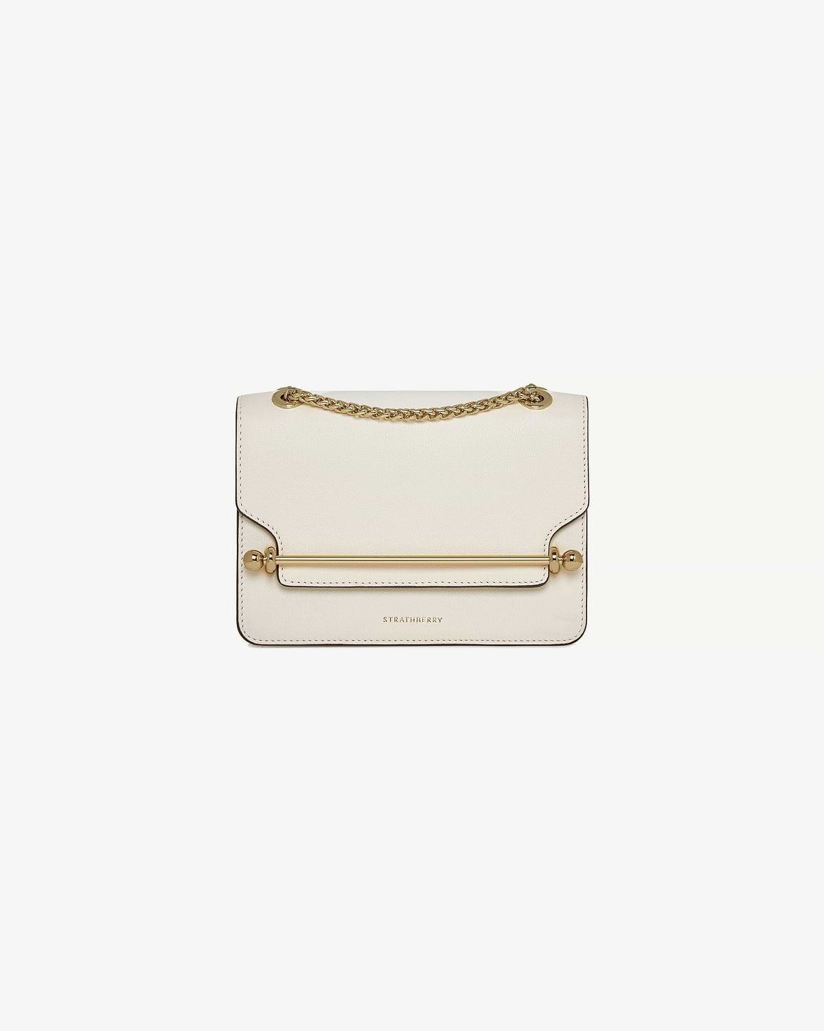 Vanilla Strathberry East/West mini bag with gold bar and chain strap.