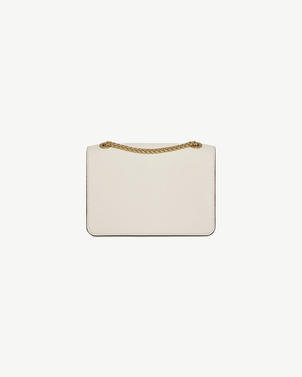 Vanilla east/west mini bag with gold chain strap across top.