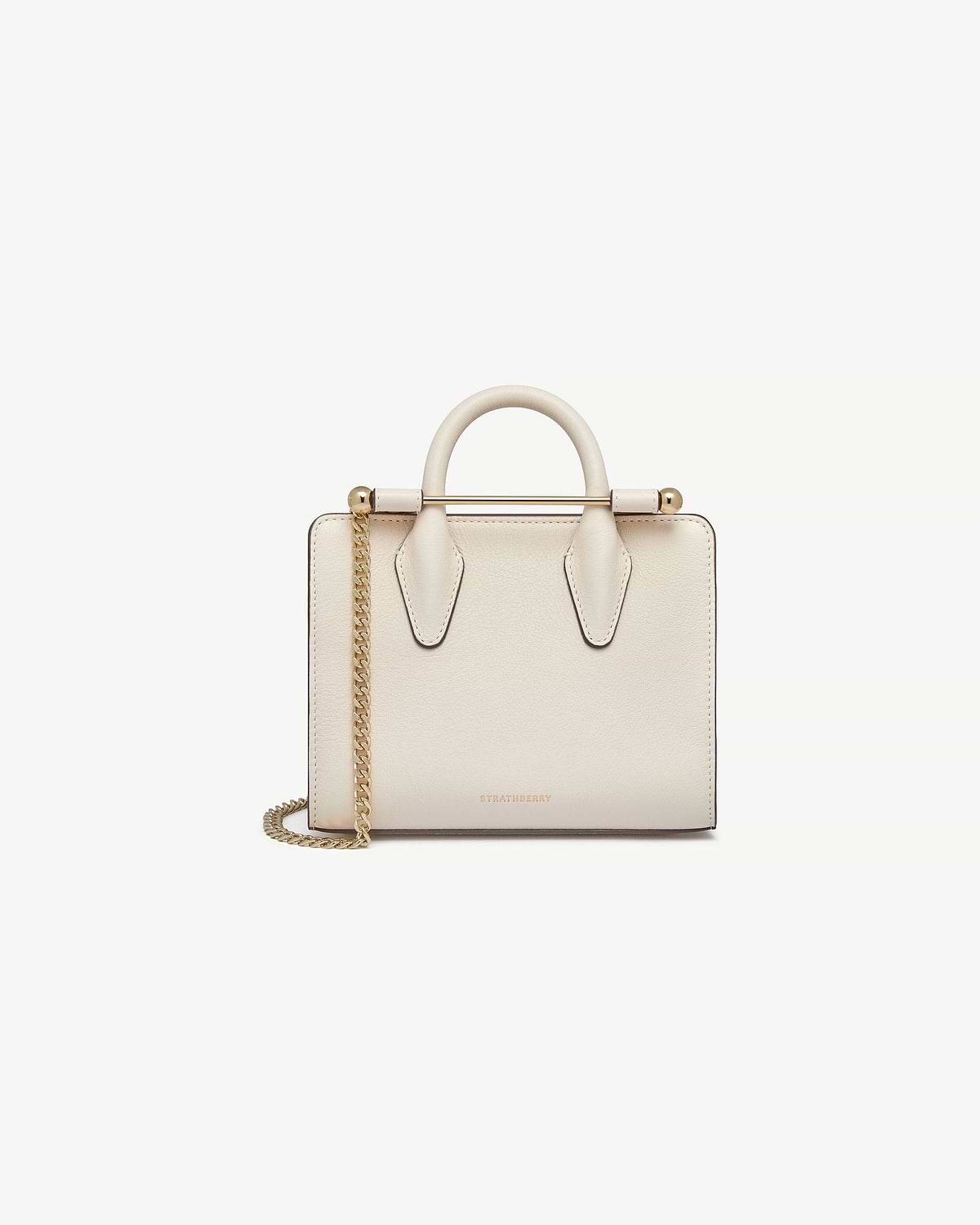 Vanilla leather nano tote with top handle, gold bar and chain strap, Strathberry
