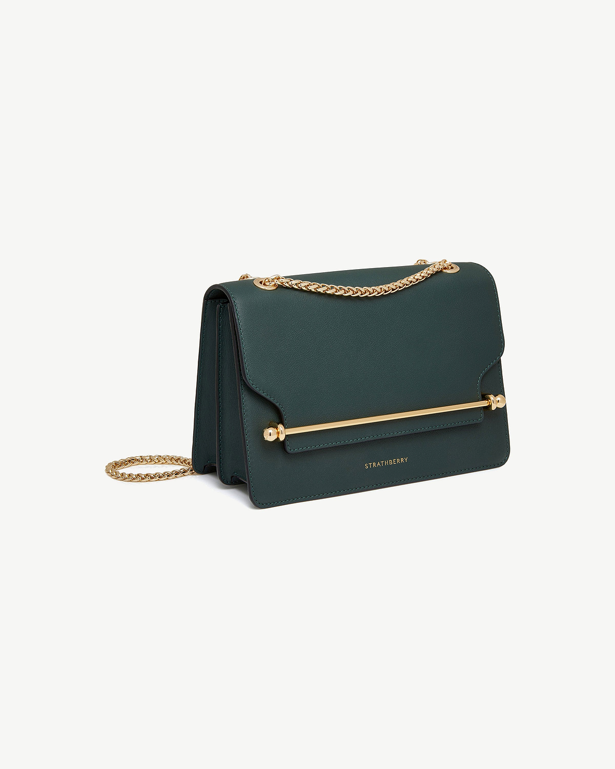 Bottle green East/West shoulder bag with gold bar detail and chain strap, Strathberry.