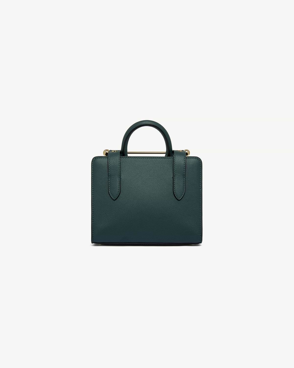 Bottle green nano tote with single top handle and gold bar detail.