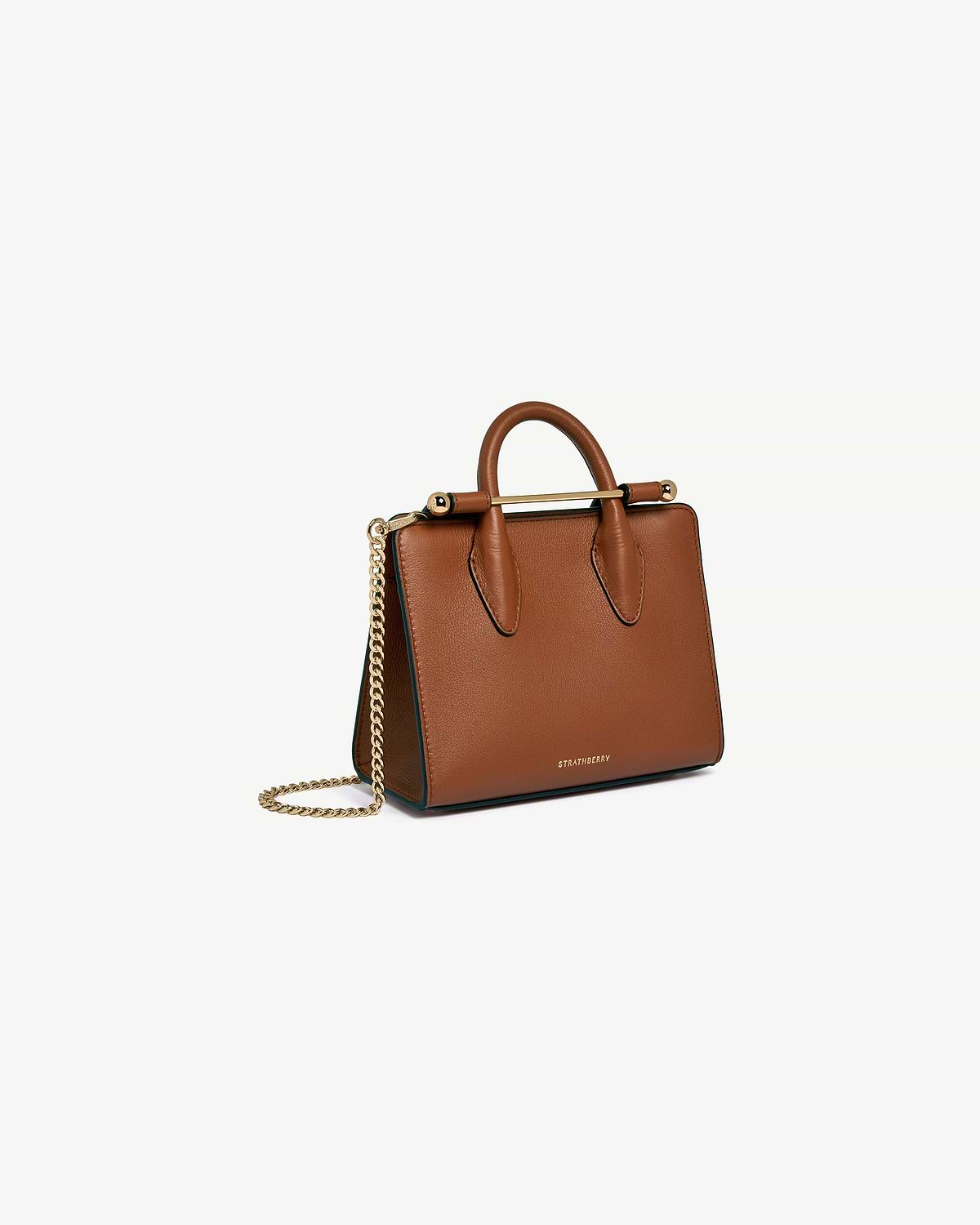 Chestnut Strathberry Nano Tote with top handles, gold bar hardware and chain strap.