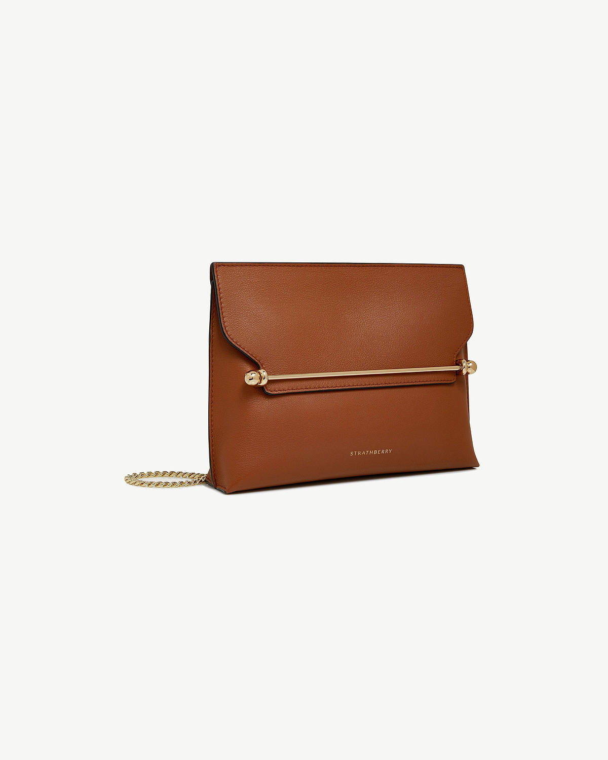 Chestnut leather Stylist bag with gold bar and chain strap and Strathberry logo.
