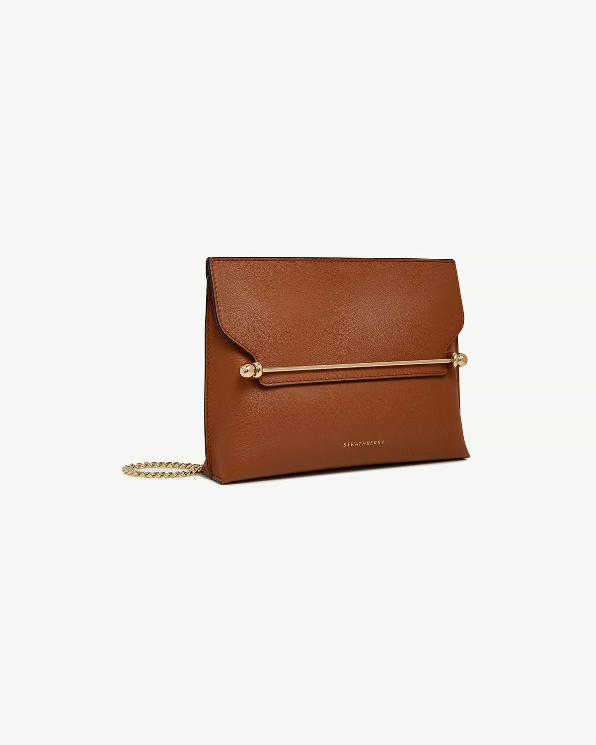 Chestnut leather Stylist bag with gold bar and chain strap and Strathberry logo.