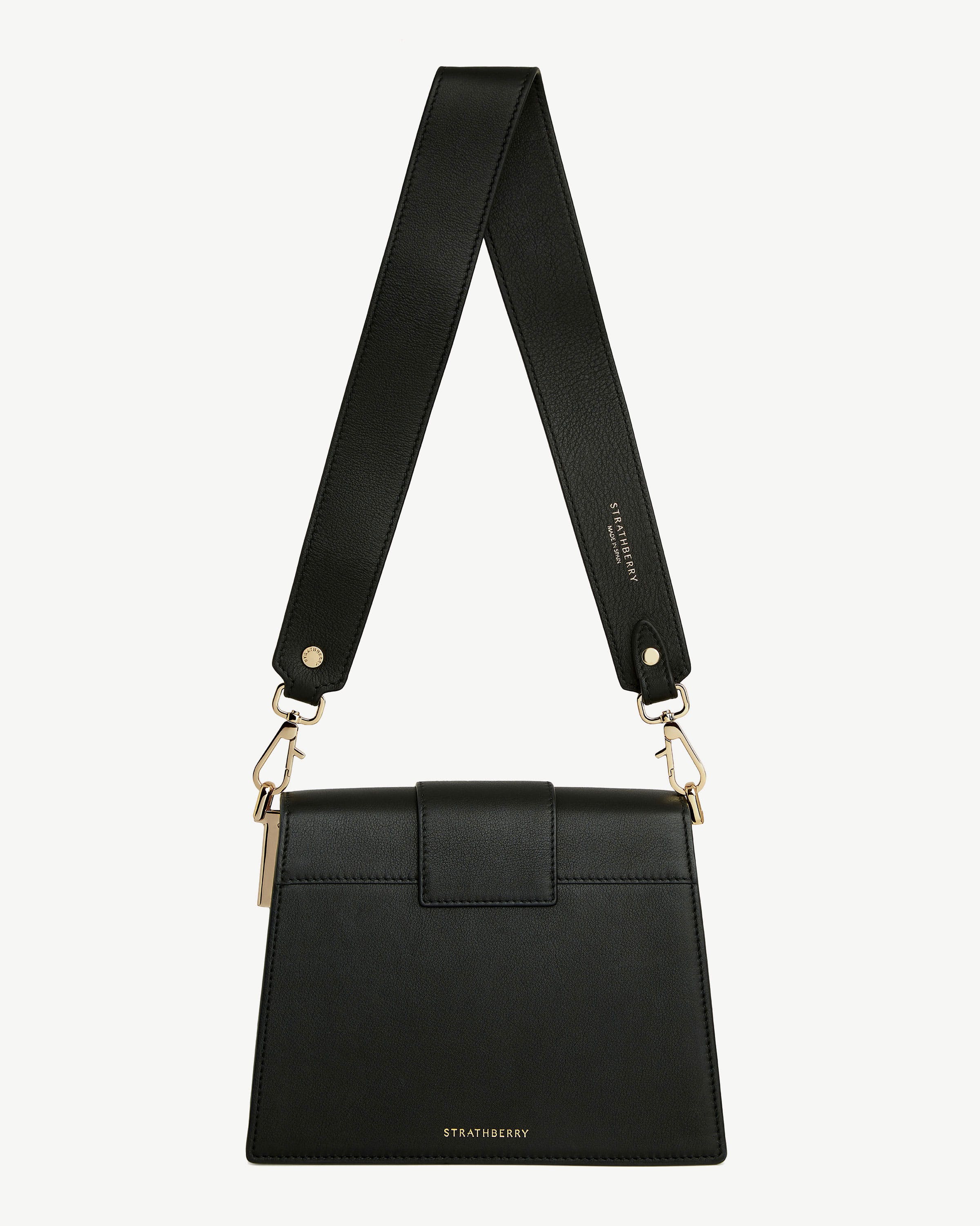 Strathberry Box Crescent black leather handbag with wide strap and gold hardware