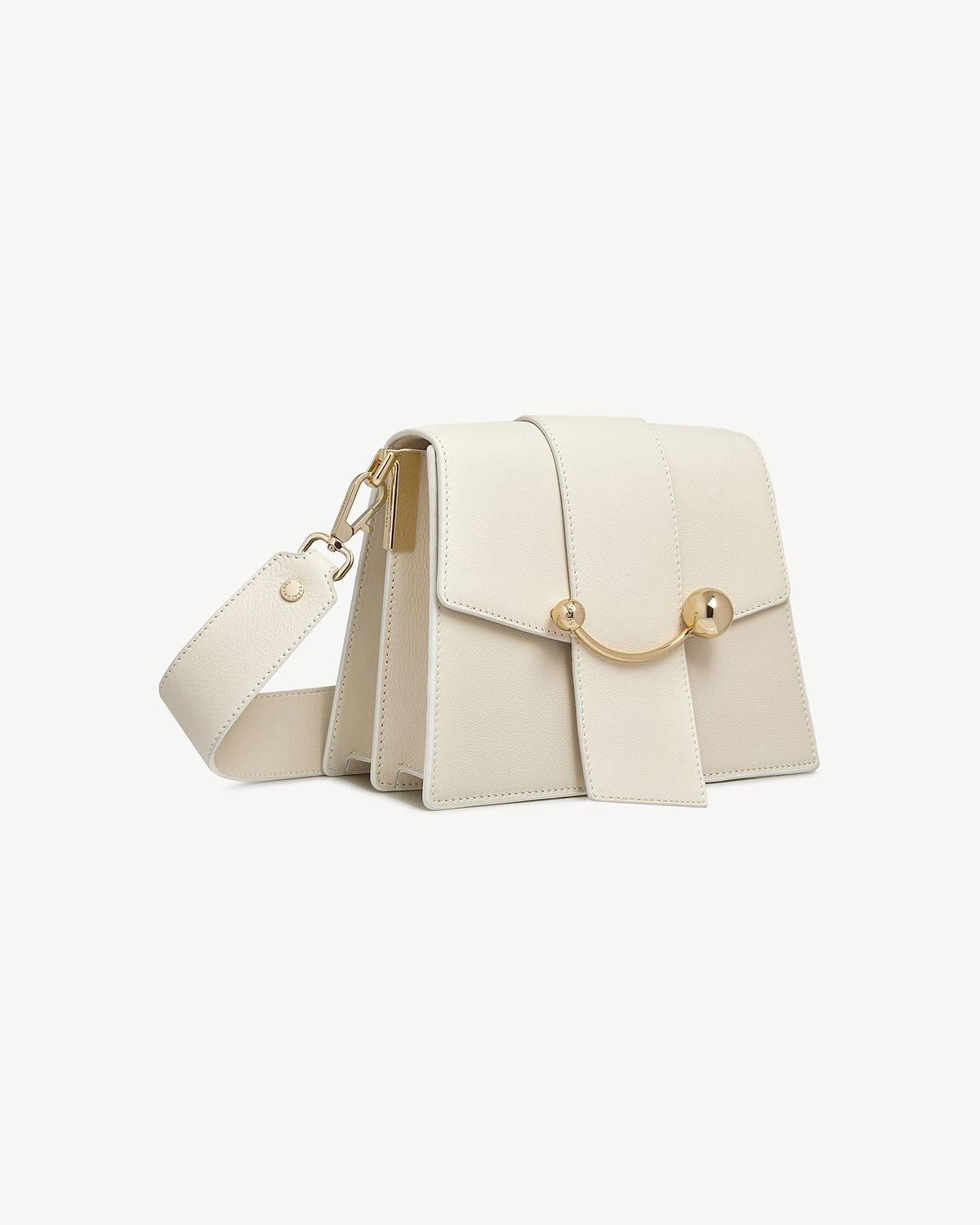 Box crescent shoulder bag in vanilla/diamond with gold curved fittings and wide strap.