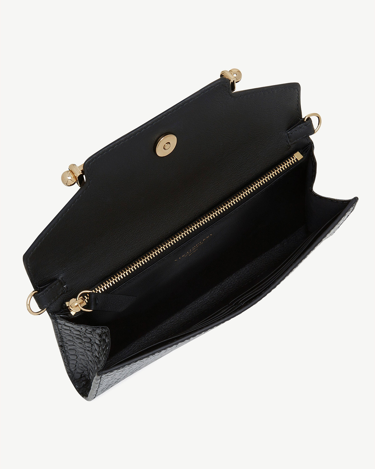 Black croc-effect chain wallet open, showing zip compartment, card slots and gold hardware.