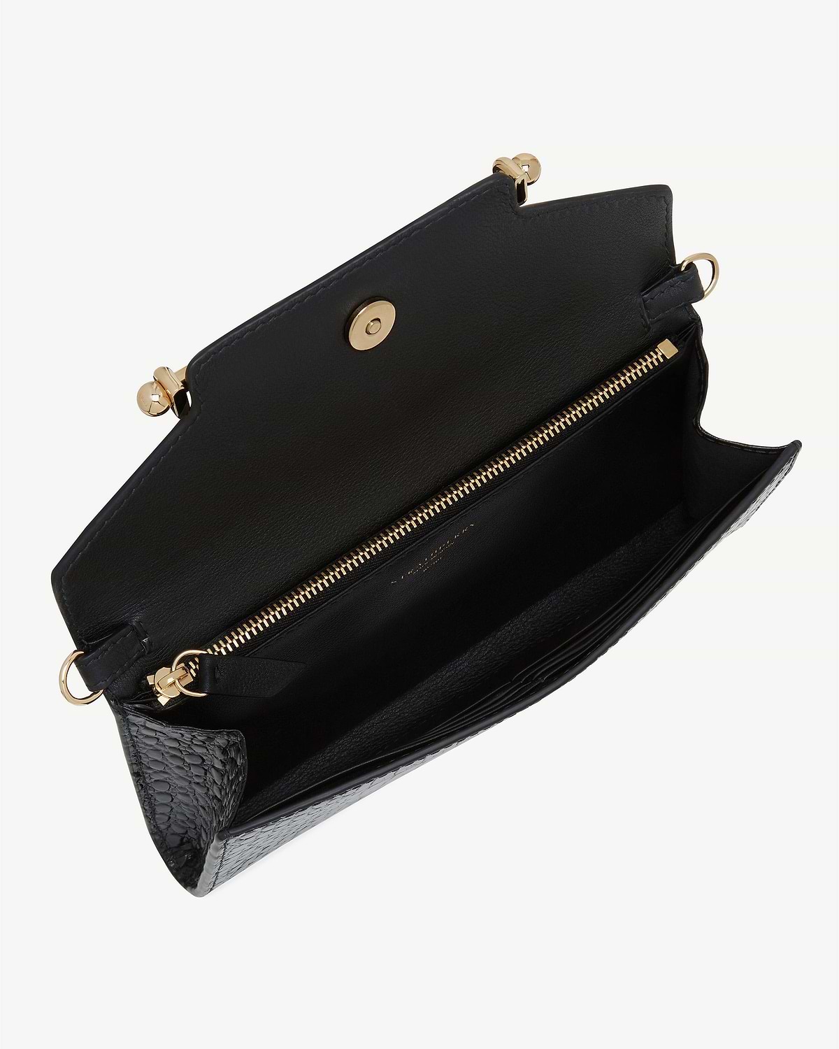 Black croc-effect chain wallet open, showing zip compartment, card slots and gold hardware.