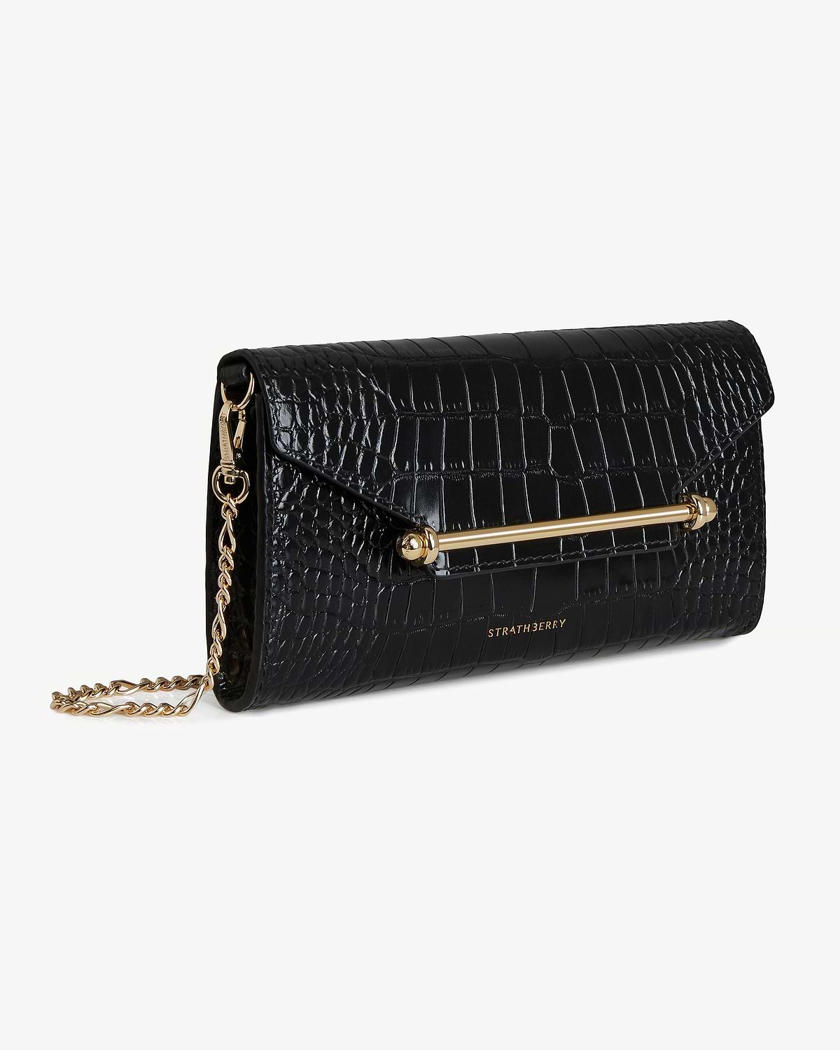 Black croc-effect chain wallet with gold bar detail and chain strap, Strathberry.