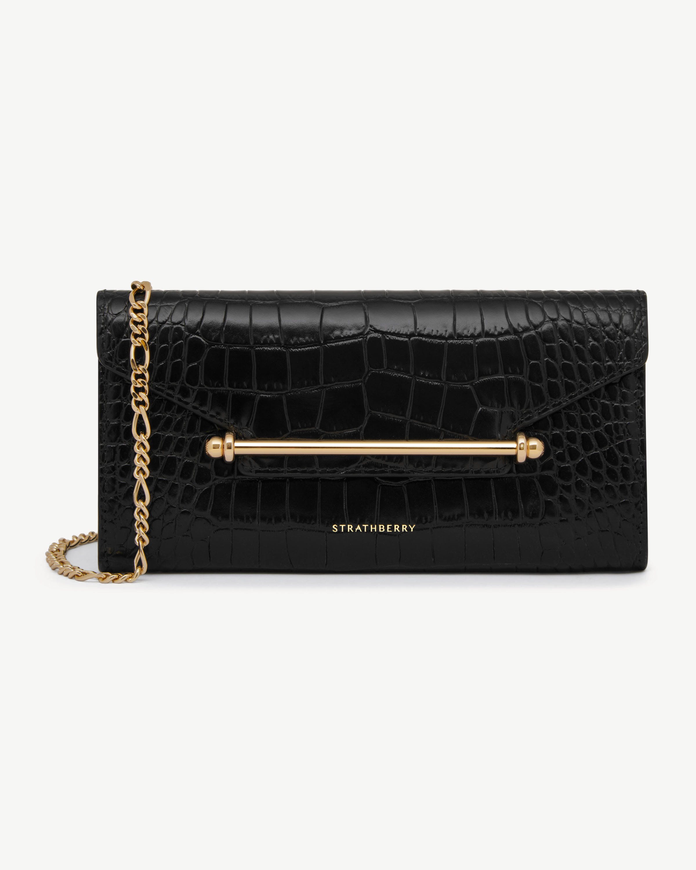 Black croc-embossed chain wallet with gold bar and chain strap, Strathberry.