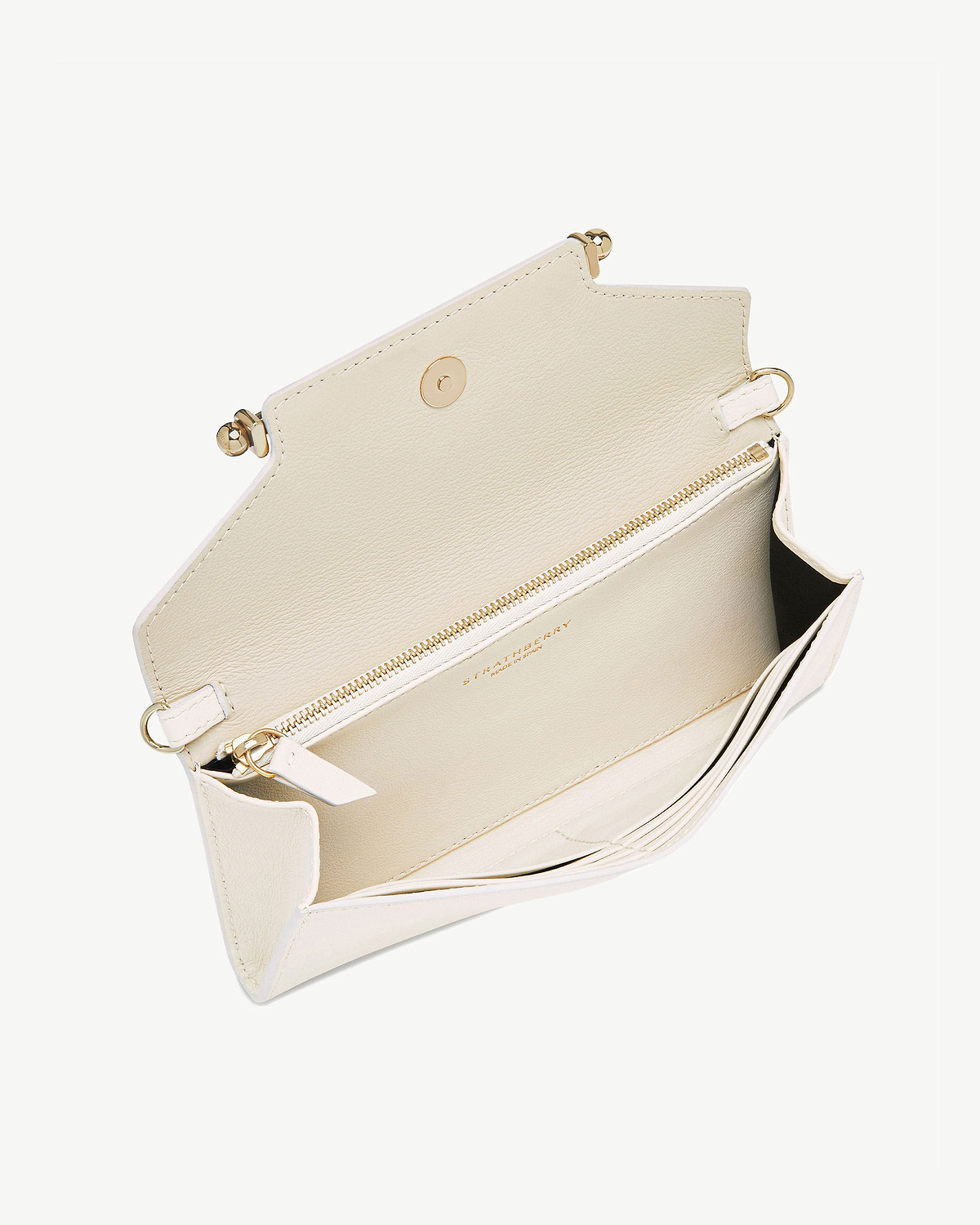 Strathberry Multrees chain wallet open, vanilla/diamond leather with card slots and zip pocket.