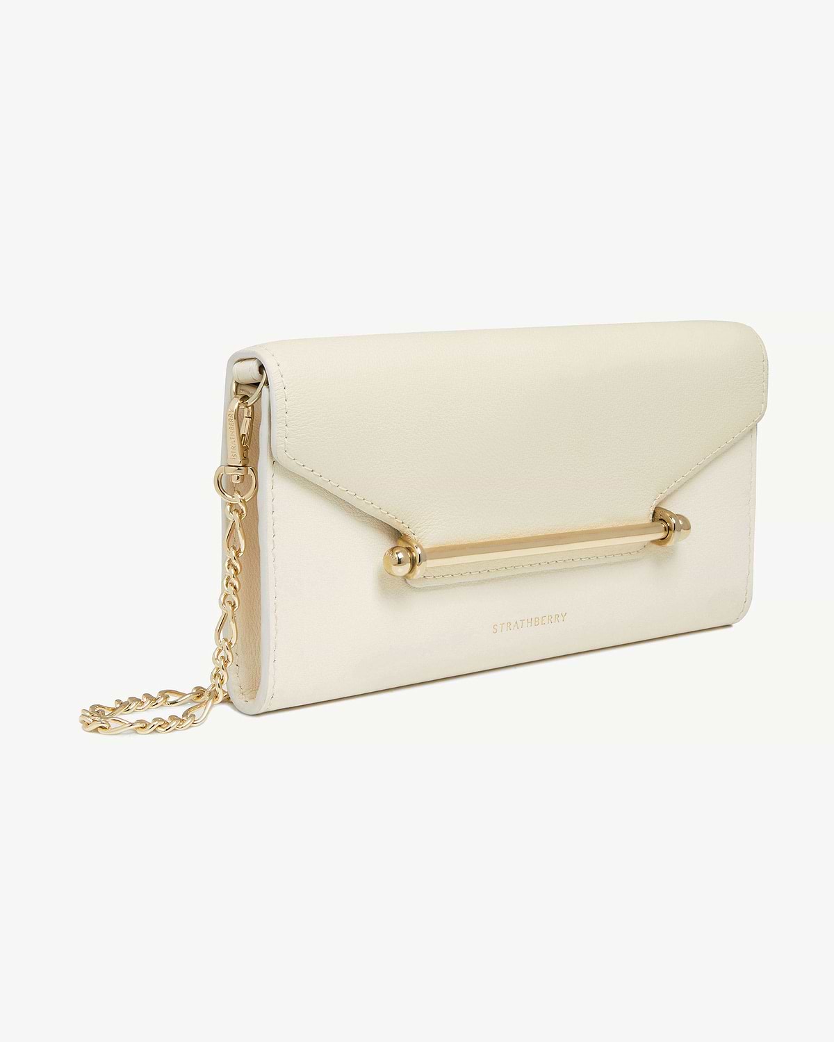 Strathberry Multrees chain wallet in vanilla and diamond with gold bar hardware.
