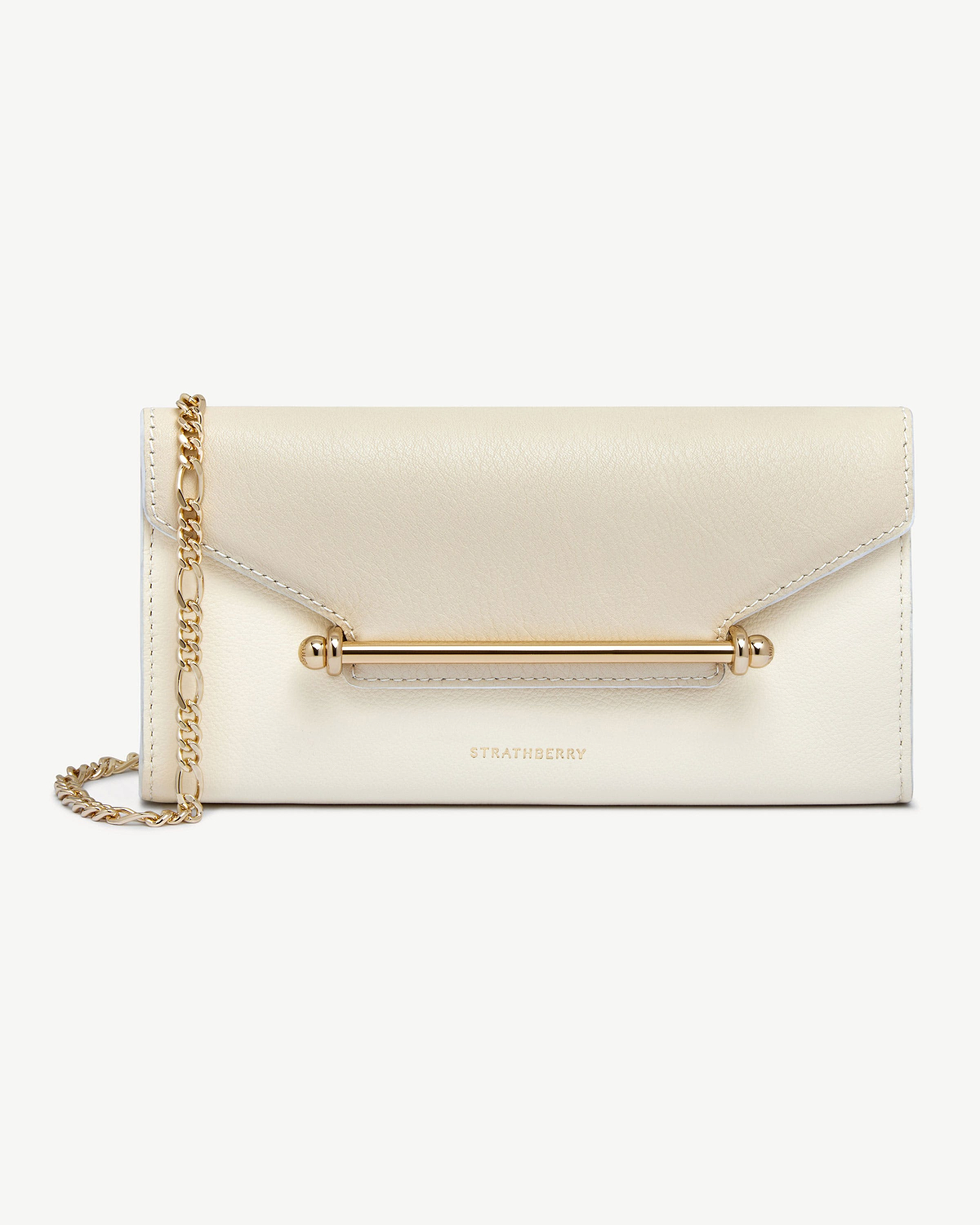 Strathberry Multrees chain wallet in vanilla and diamond with gold bar and chain.