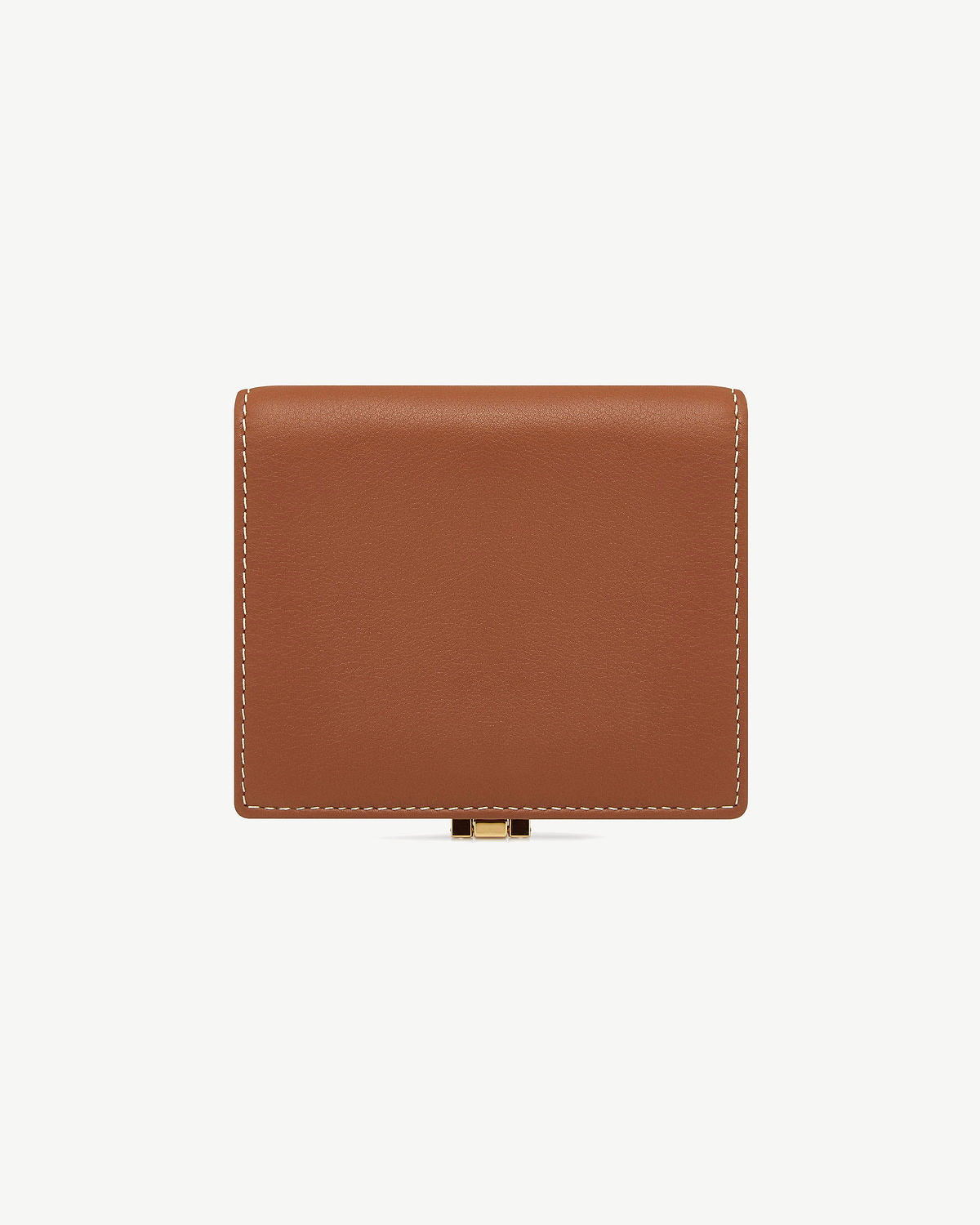Chestnut leather wallet with vanilla contrast stitching and small gold clasp.