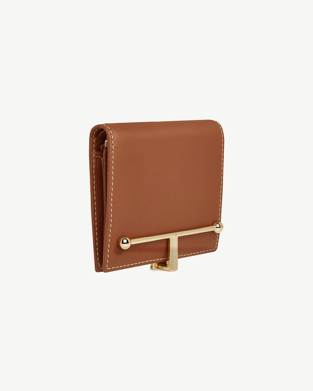 Chestnut leather wallet with vanilla stitching and gold T-bar closure.