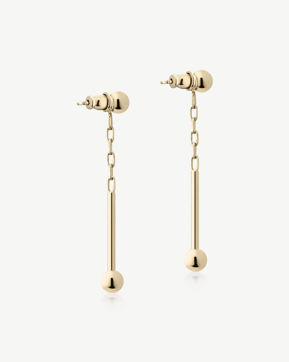 22 carat gold gilded music bar drop earrings with chain and sphere ends.