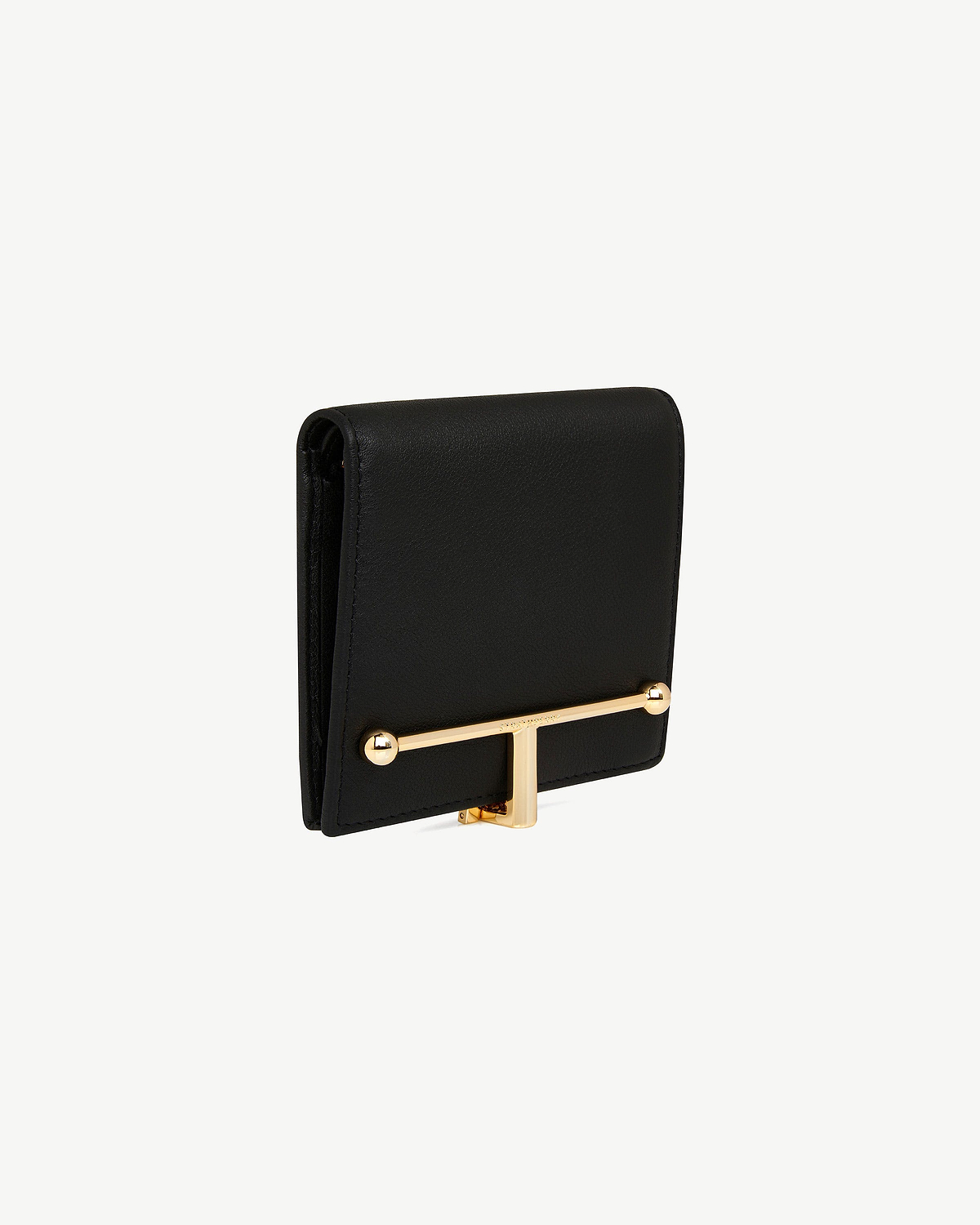 Black leather wallet with gold T-bar clasp on white background.