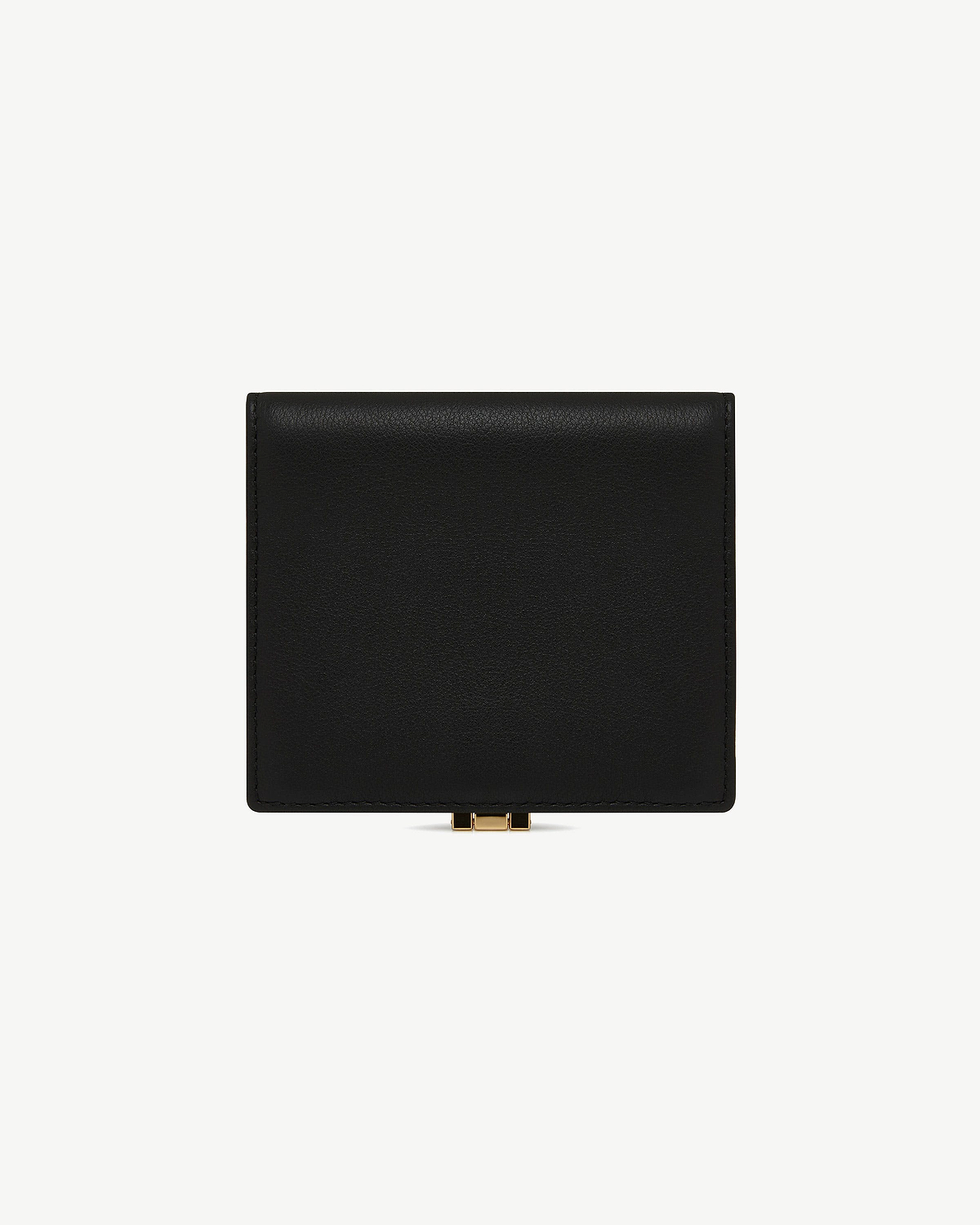 Black compact wallet with gold clasp, front view on white background.