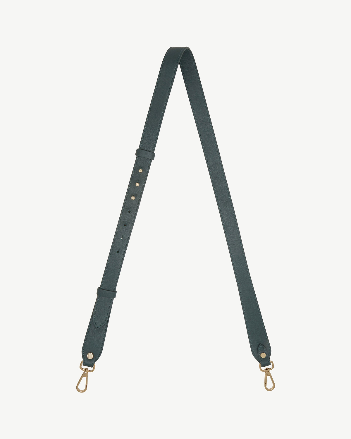 Bottle green adjustable leather strap with gold-tone metal swivel hooks.