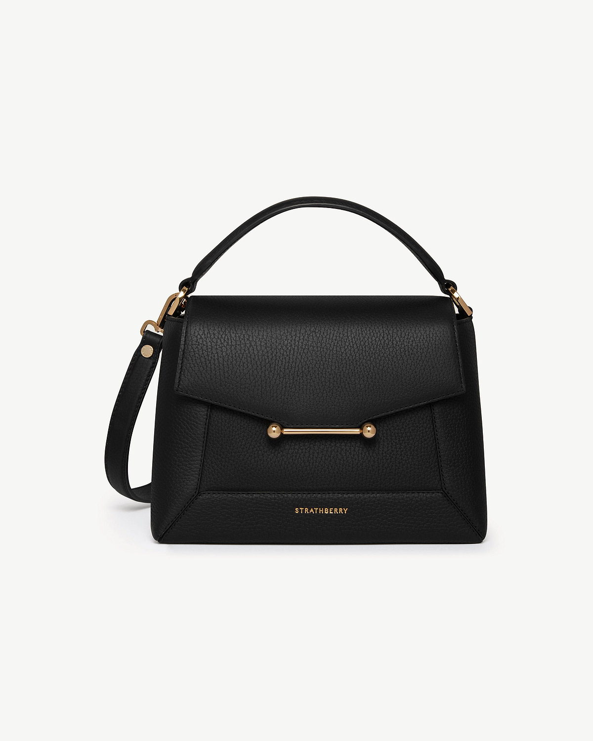 Black Strathberry Mosaic bag with top handle and gold bar detail.