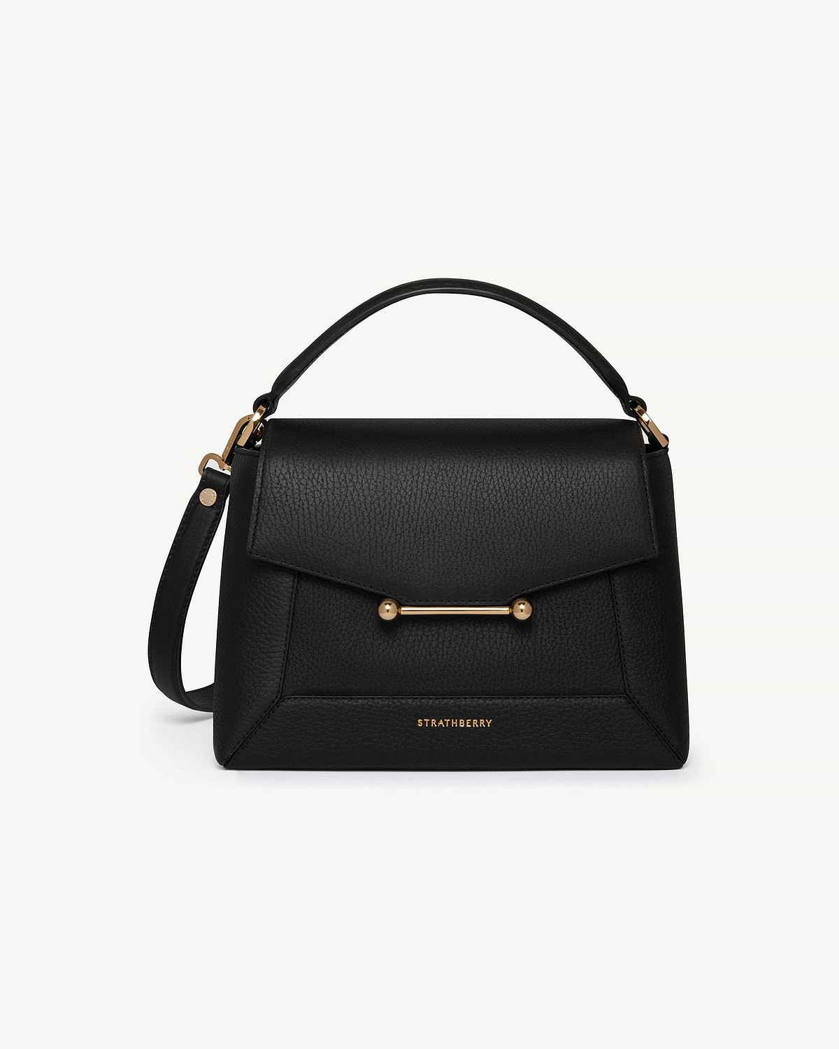 Black Strathberry Mosaic bag with top handle and gold bar detail.