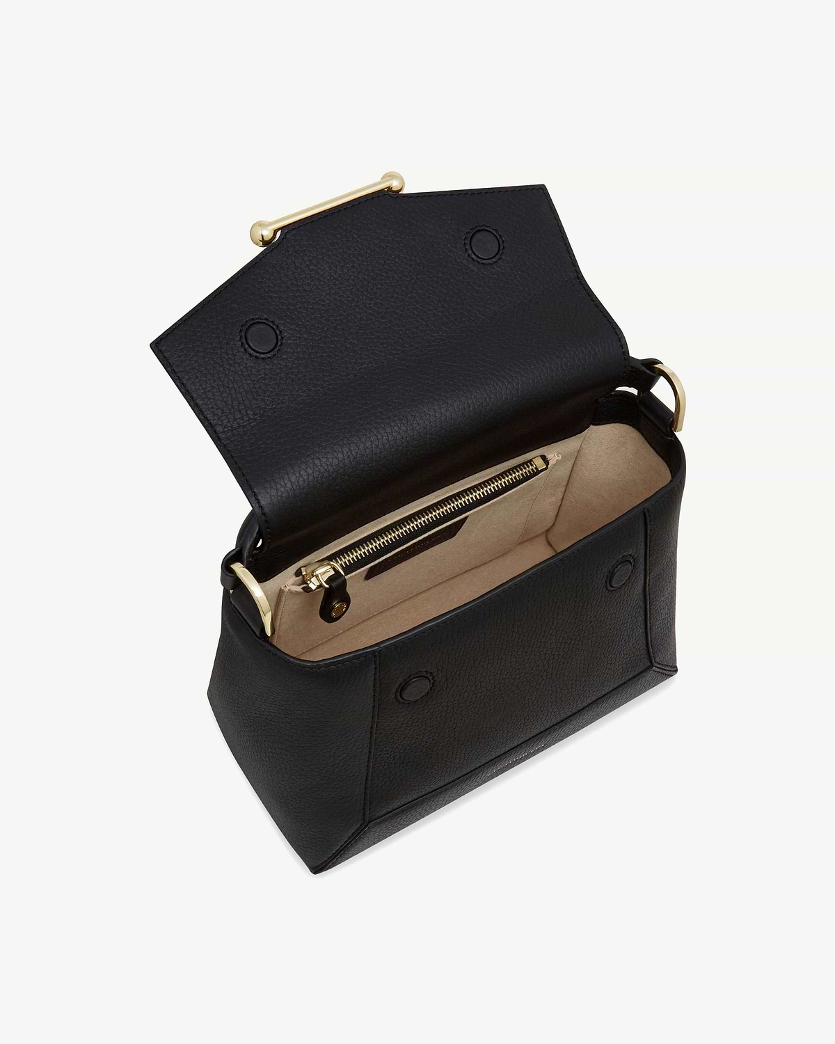 Black mosaic bag open, beige interior with zip pocket and gold hardware.
