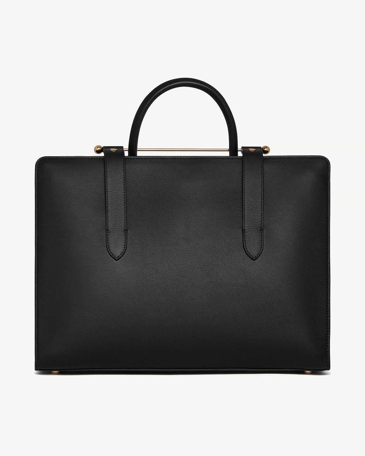 Black structured tote with top handles, gold bar detail and metal feet.