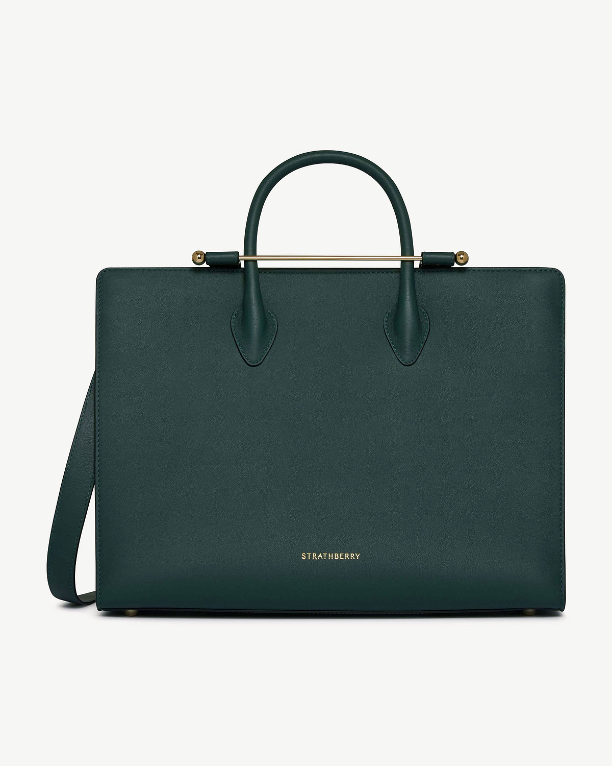 Bottle green tote bag with top handles and gold Strathberry logo.