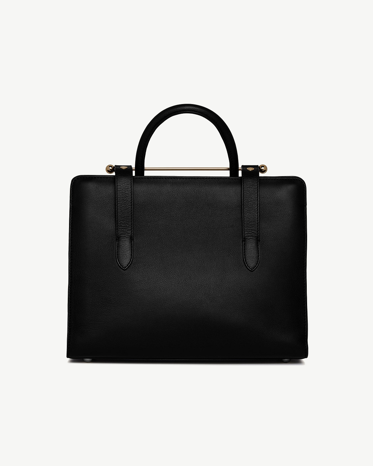 Black midi tote with rounded top handles and horizontal gold bar detail.