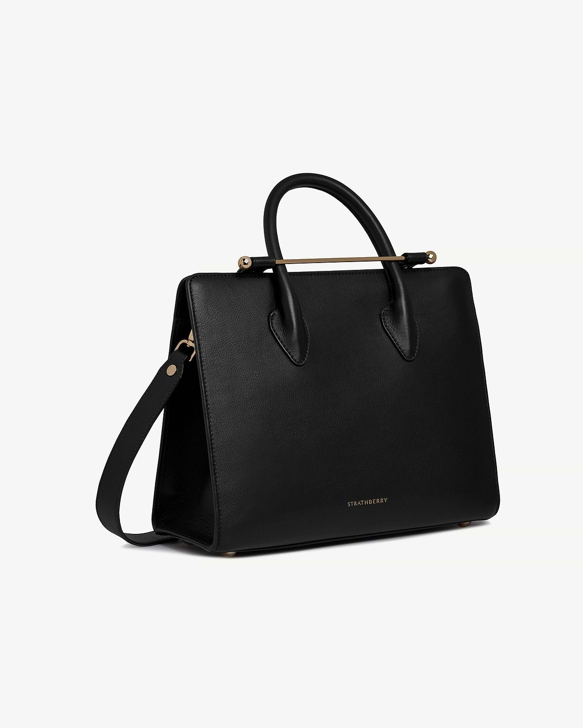 Black Strathberry midi tote with top handles, shoulder strap and gold bar.