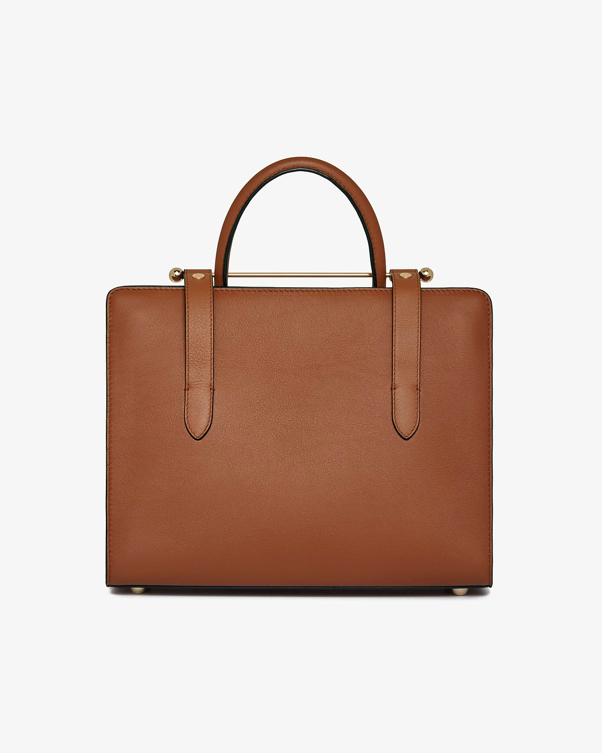 Chestnut leather midi tote with top handles and horizontal gold bar detail.