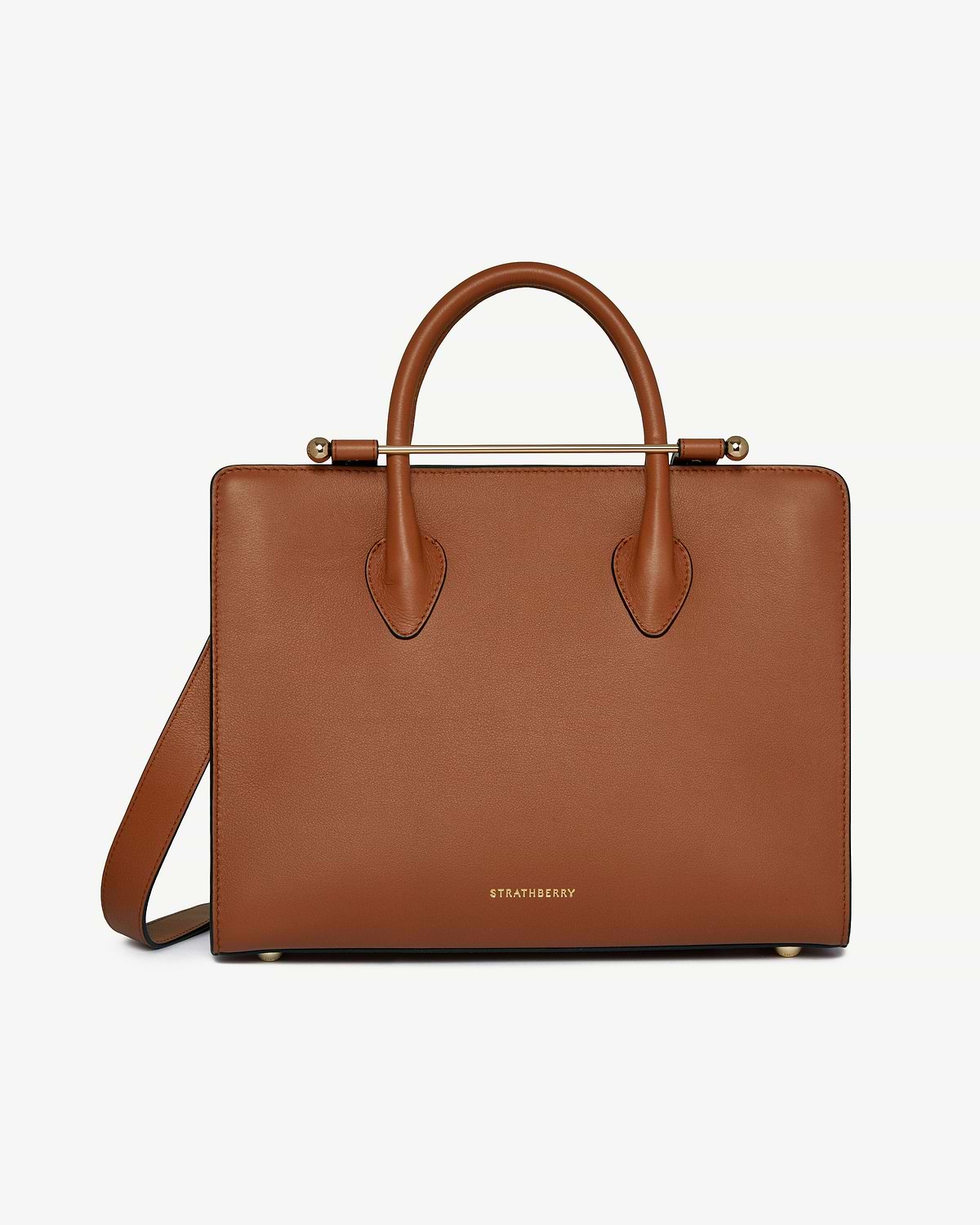 Chestnut leather midi tote with top handles, shoulder strap, metal bar and Strathberry logo.