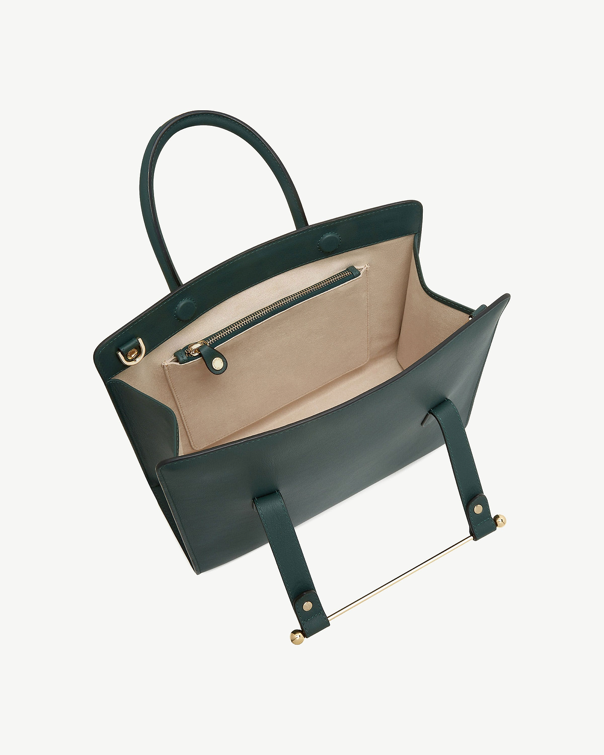 Bottle green midi tote with beige interior, zip pocket, and gold metal bar.
