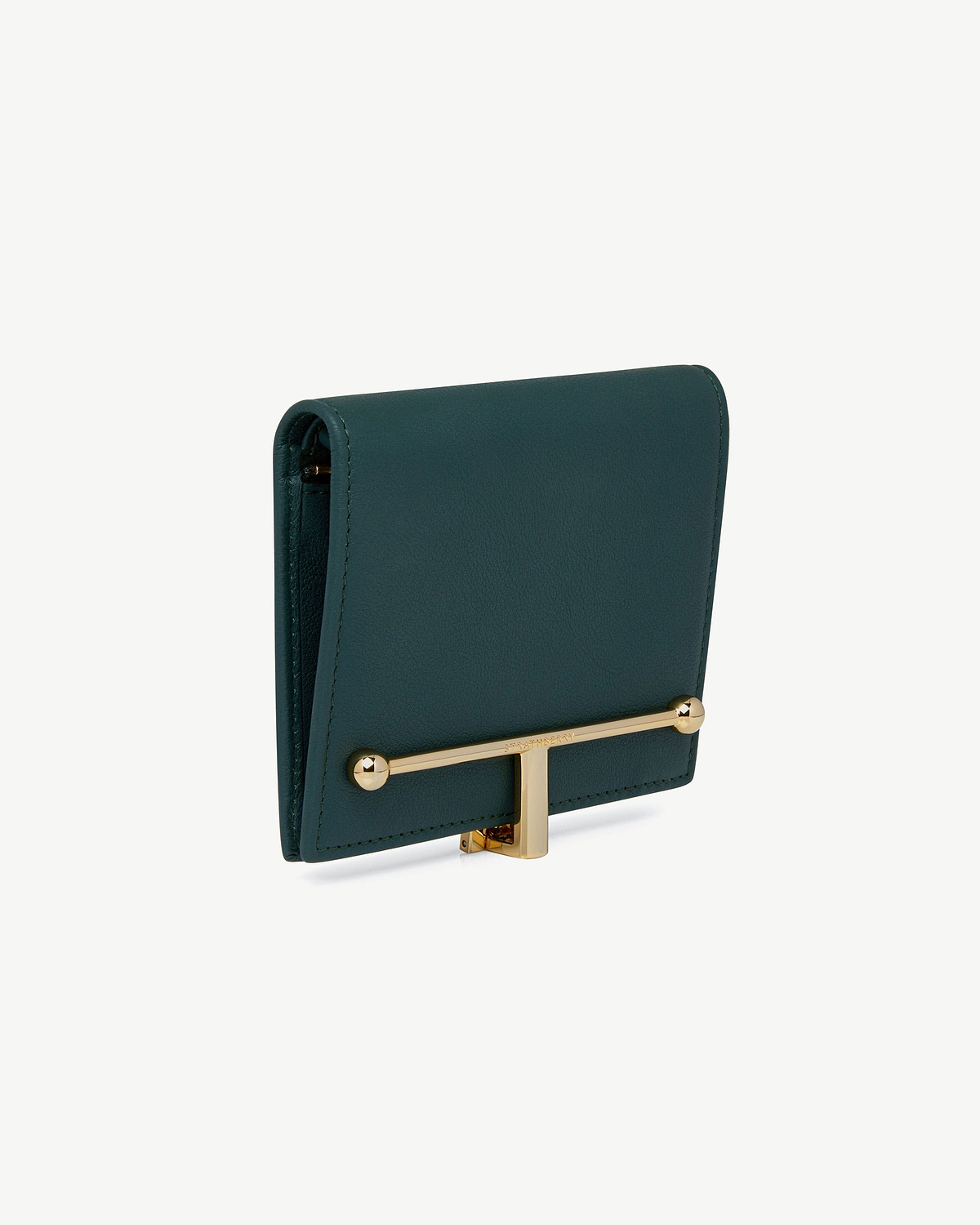 Bottle green leather wallet with gold T-bar clasp and visible edge stitching.