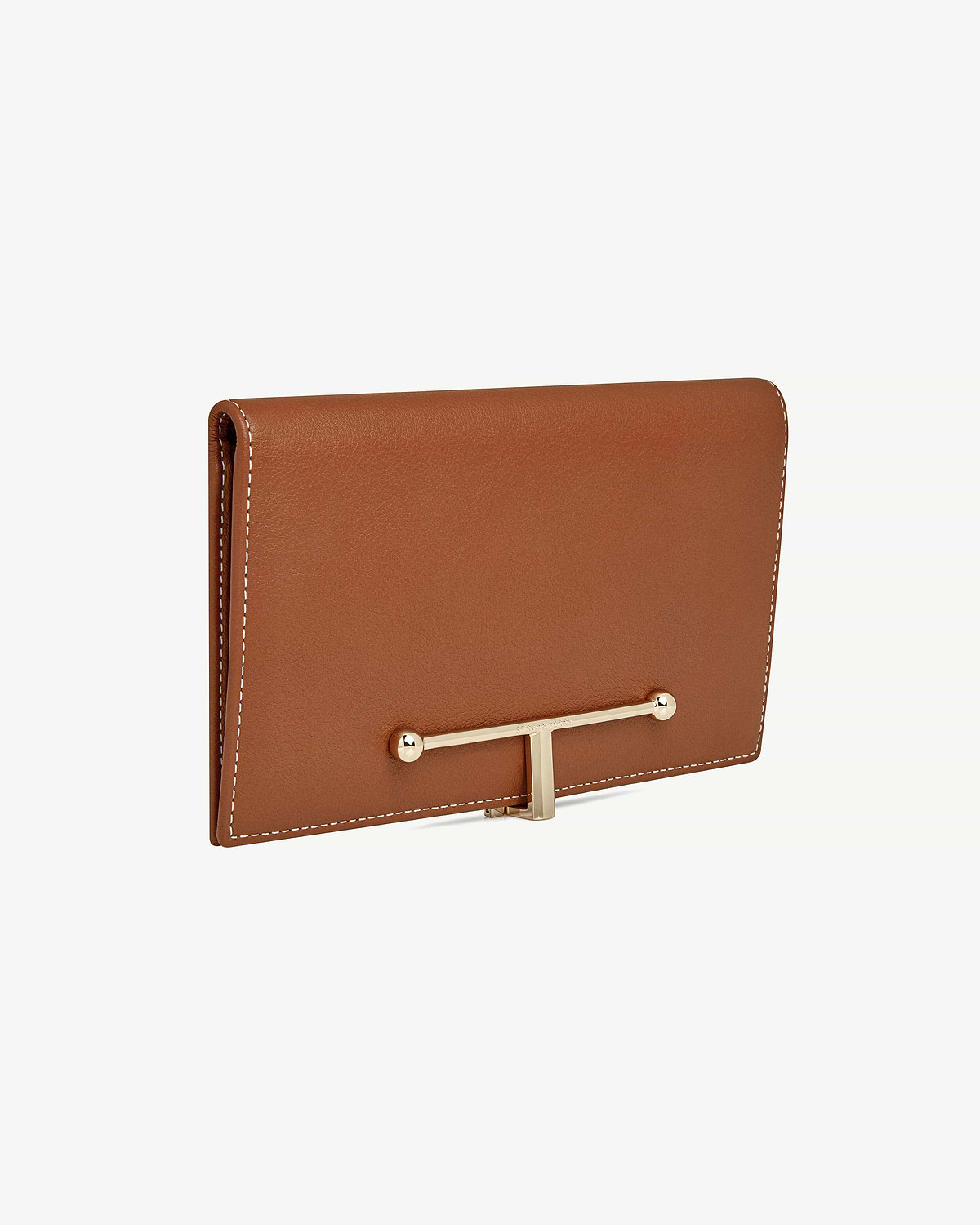 Large Melville Street wallet in chestnut leather with vanilla stitching and gold bar clasp.