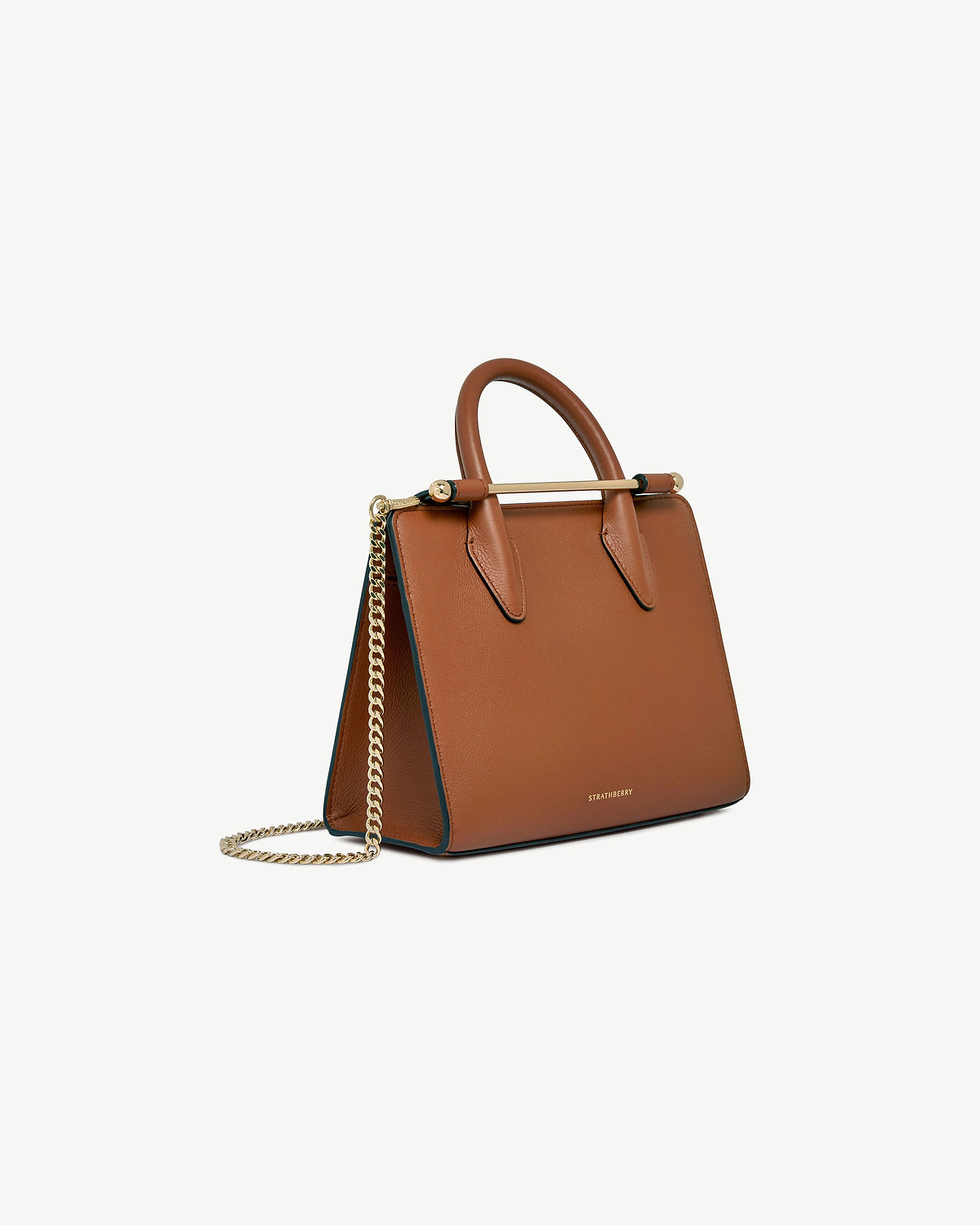 Strathberry chestnut mini tote with top handle and gold chain strap.