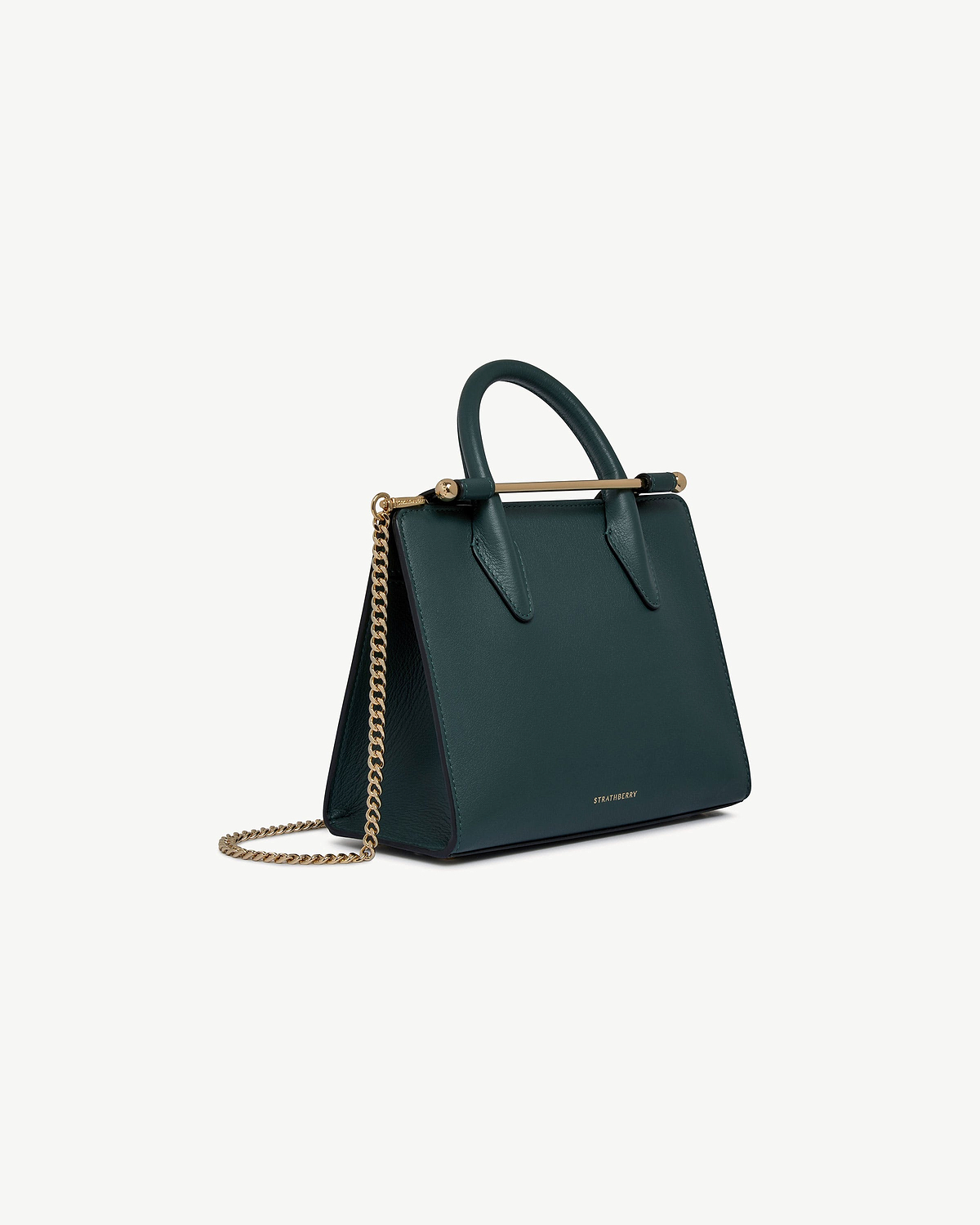 Strathberry bottle green mini tote with top handle, gold bar and chain strap