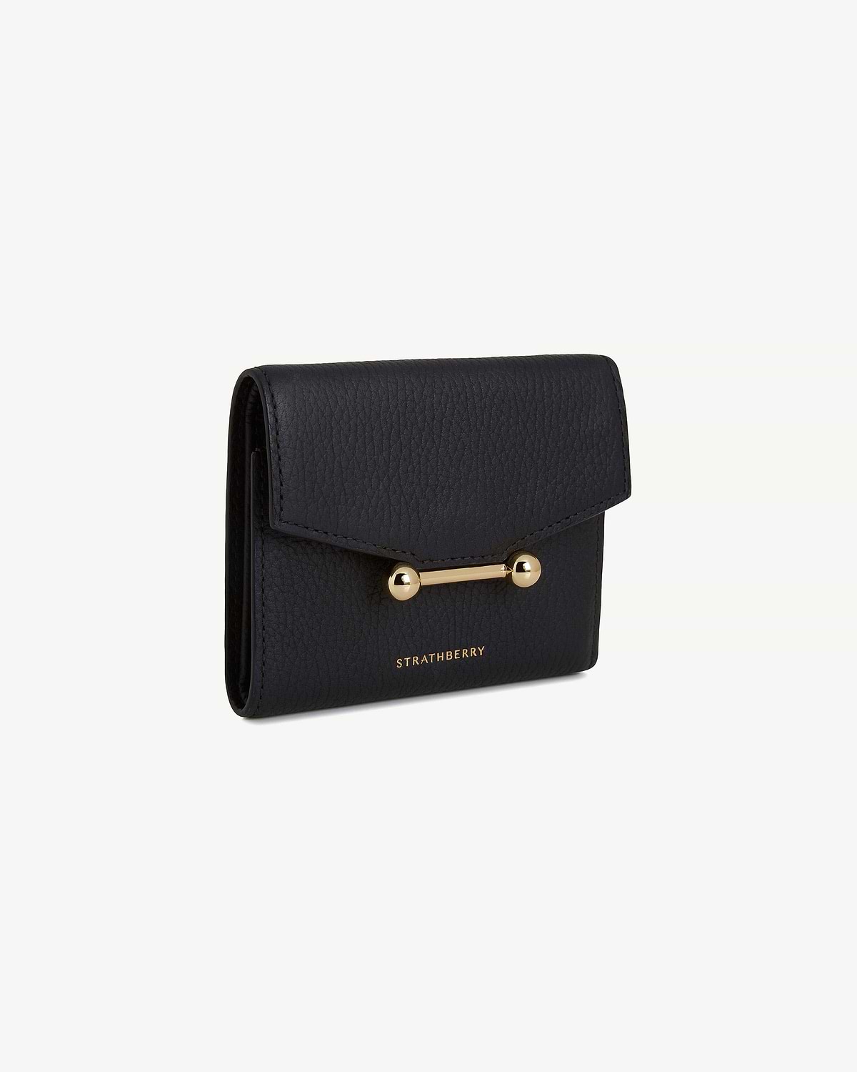 Black Strathberry Mosaic trifold wallet with gold bar closure and pebble leather.