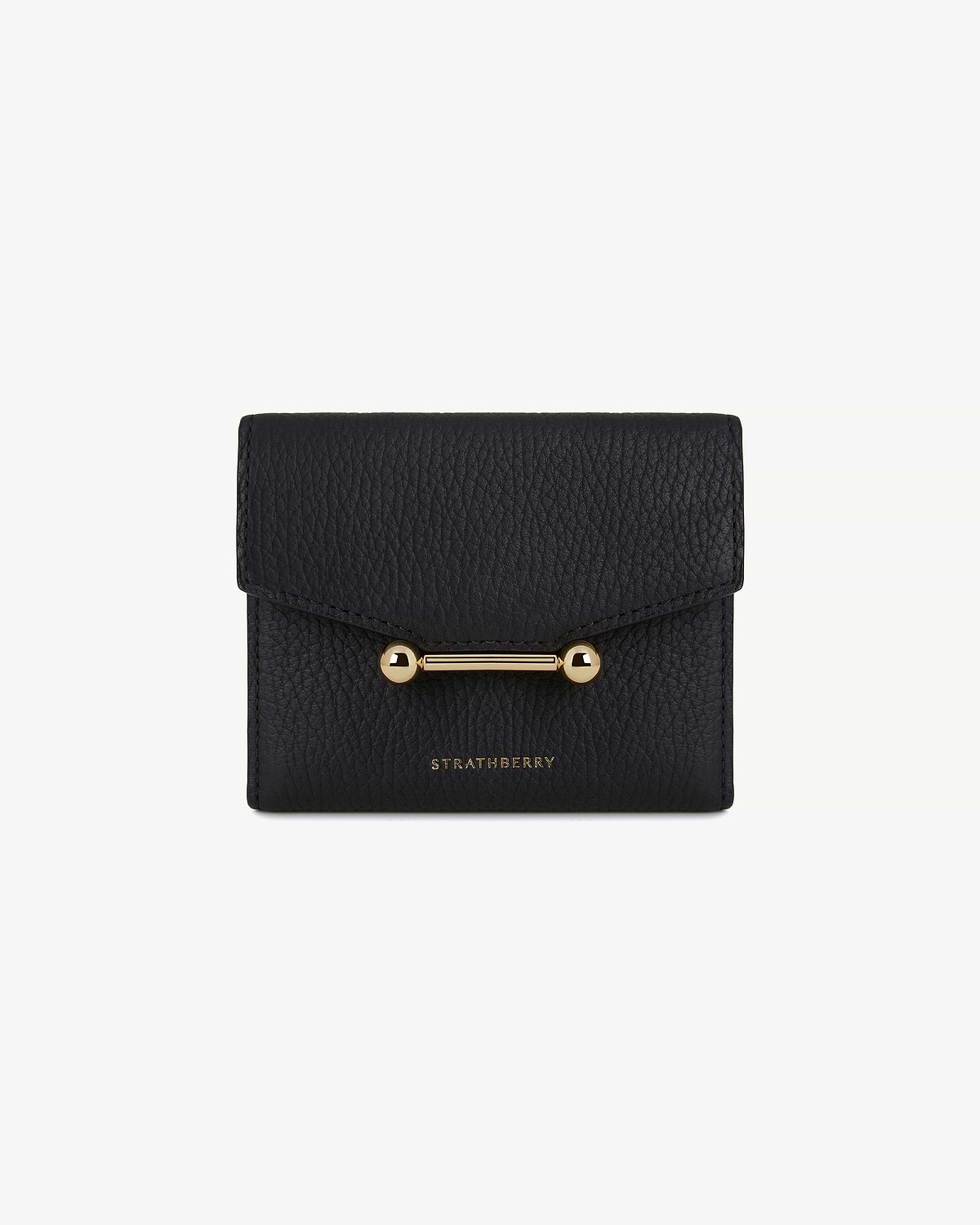 Black mosaic trifold wallet with gold bar clasp and Strathberry logo.